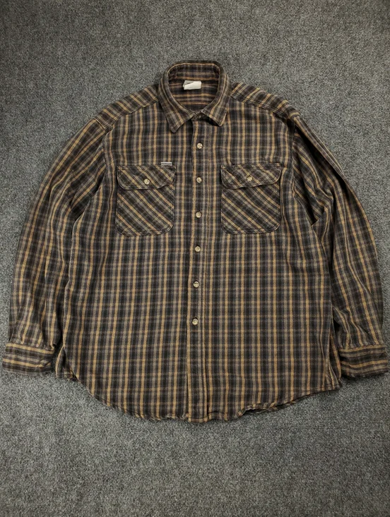 Cadhartt Flannel Shirt Mens Large Plaid Button Up Brown Gray Vintage Distressed - Picture 2 of 10